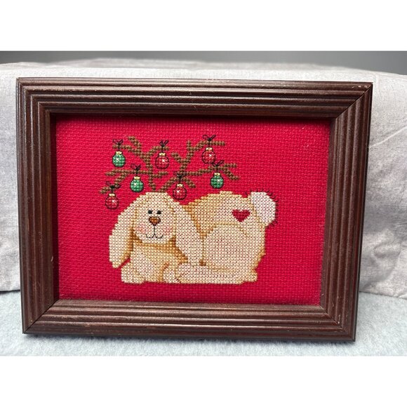 8" x 6"Framed Cross Stitch Bunny Ornament Antlers on Red Background - Picture 3 of 12